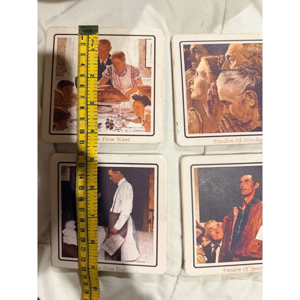 Norman Rockwell Four Freedoms Ceramic Coasters Set 4 Unisex Cream Americana Art